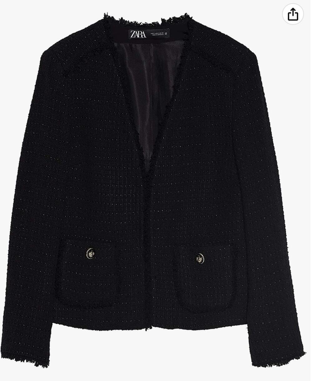 ZARA Black Long Sleeve V-Neck Frayed Trim Tweed Blazer w/ Button Pockets Size M